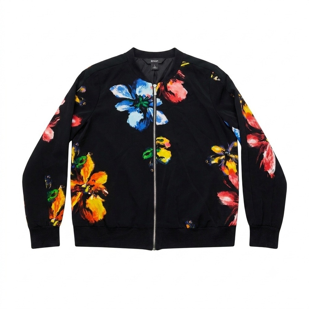 Mossimo Floral Bomber Jacket Womens Large Black Vibrant Full Zip Lightweight L